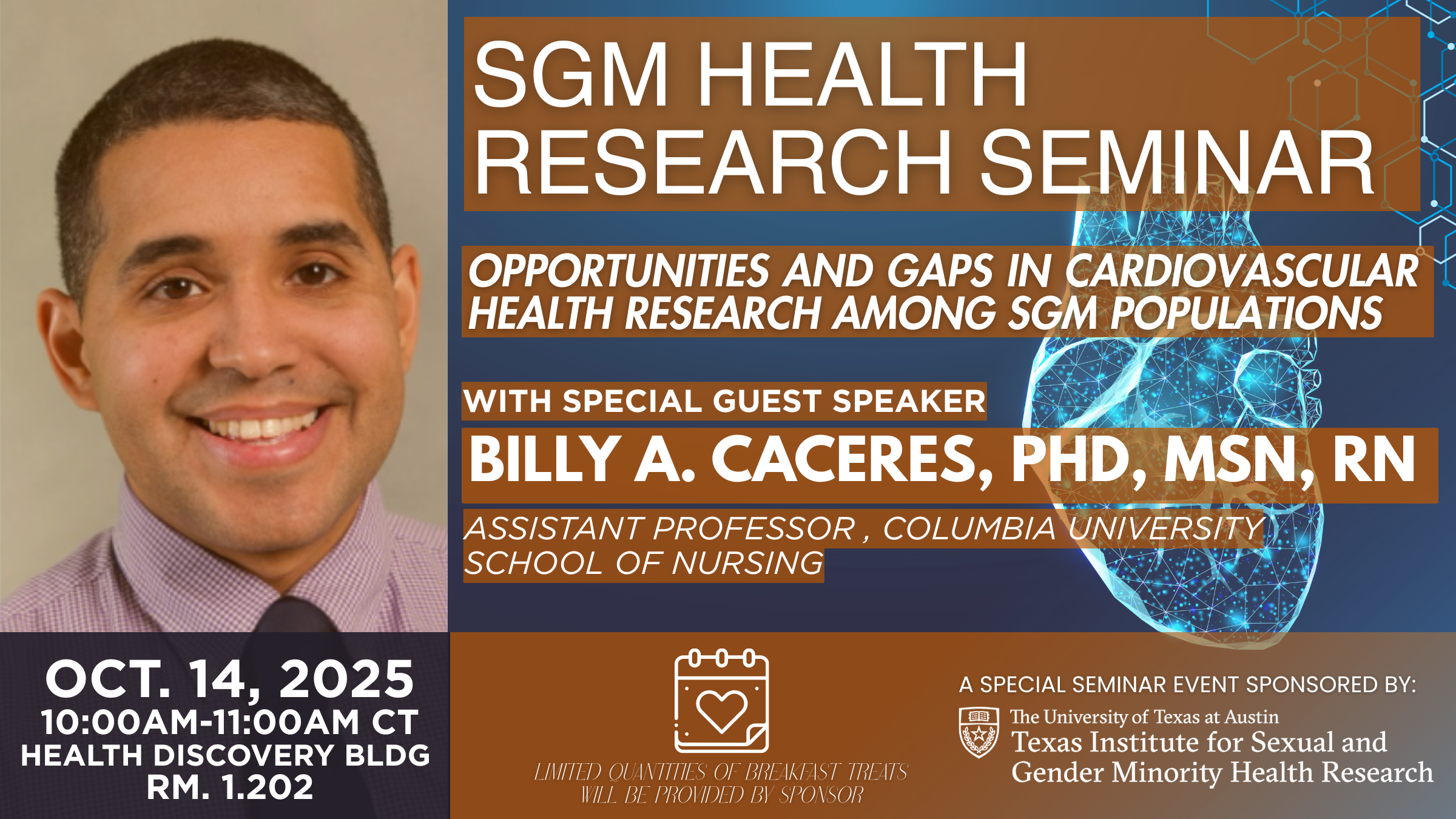 Graphic promoting Oct. 14 seminar featuring Columbia University Professor Billy A. Caceres at 10am CT in Health Discovery Bldg, room 1.202