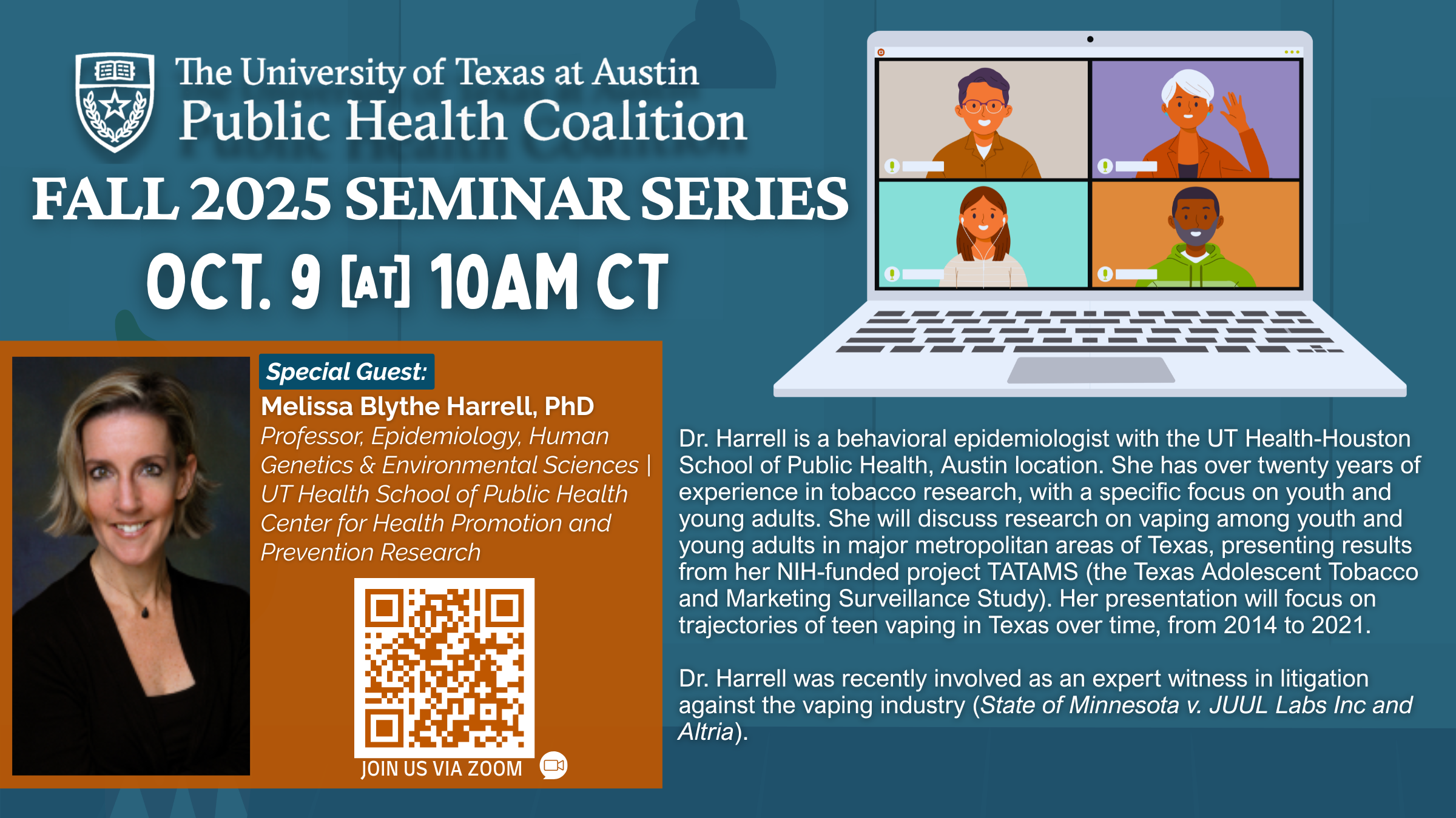 Promotional graphic for October 9 Zoom seminar featuring Melissa B. Harrell, PhD